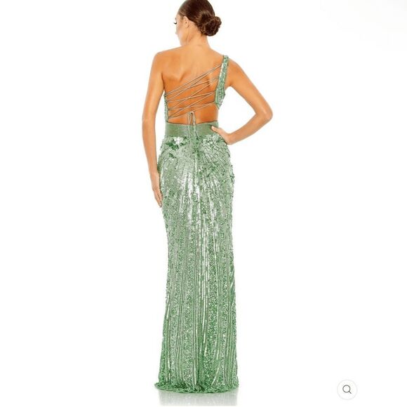 NWT Mac Duggal SEQUINED ONE SHOULDER DRAPED LACE UP GOWN 5687 Green Size 14 - Picture 4 of 16